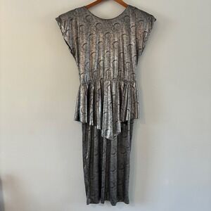 Stash Dress Wom 9/10 Silver Metallic Foil 80s Vtg Peplum Open Back Midi Cocktail